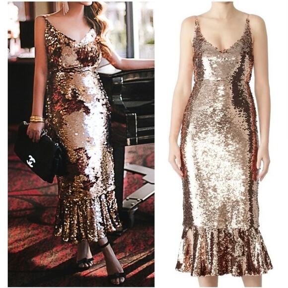 Saloni Sequin Dress Sleeveless Open Back Cocktail Midi Bronze Sz 4 Retails $795 - Picture 1 of 13